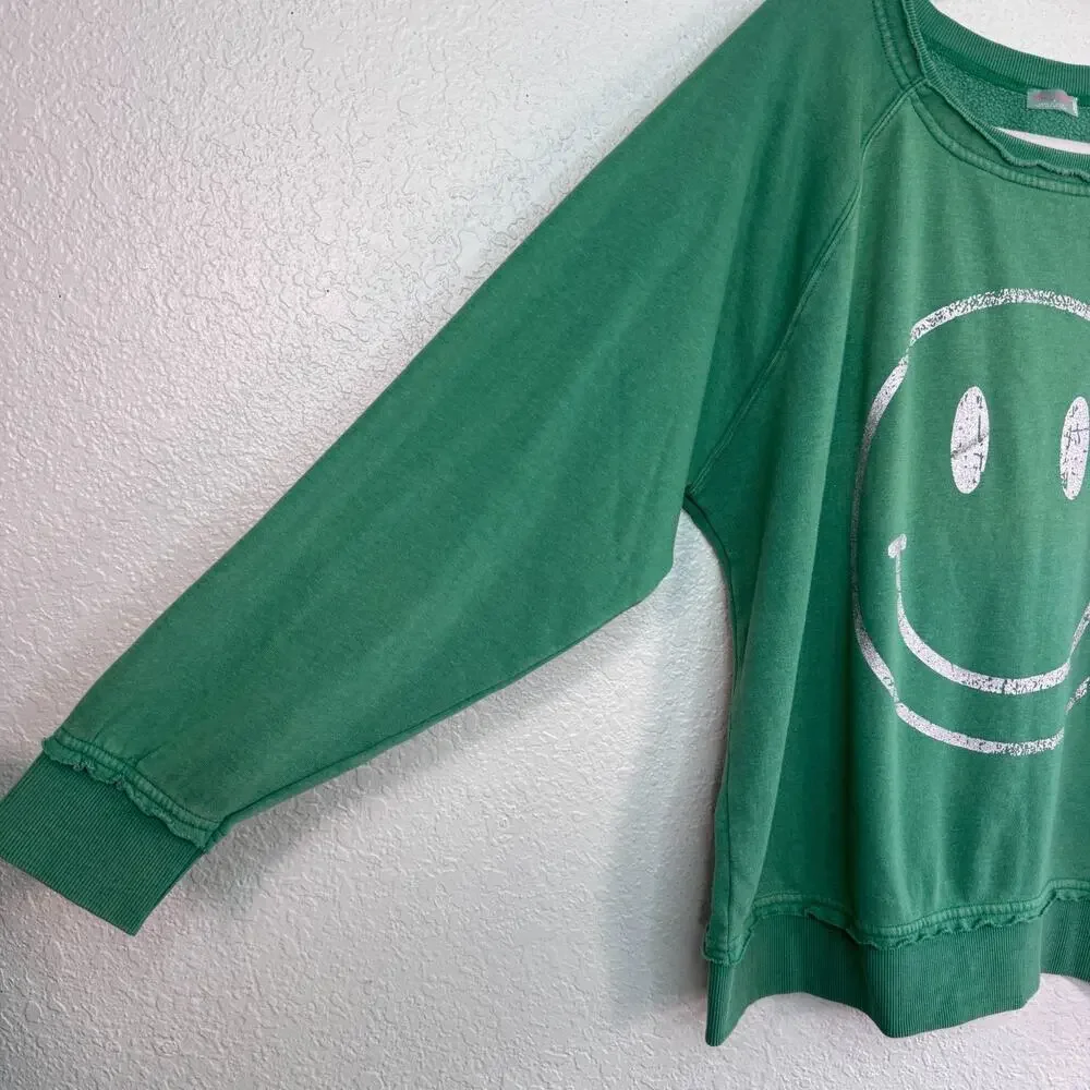 Free People Smiley Face Sweatshirt Women Small FP Movement Sweater Green Burnout